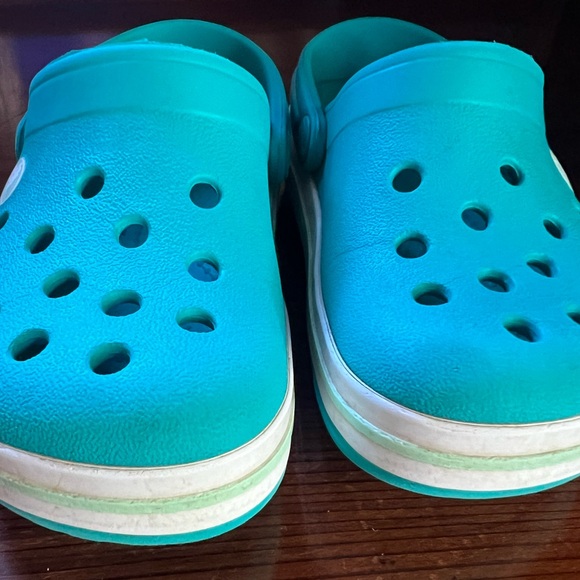 Teal Kid Crocs with Green Stripe - Picture 2 of 4
